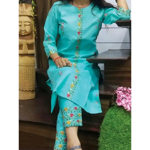 Turquoise Cotton Slub Embroidered Kurtas For Women - Bright Sky Blue, L