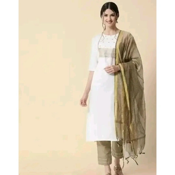 Fancy Cotton Slub Kurta Bottom And Dupatta Set For Women - White, M