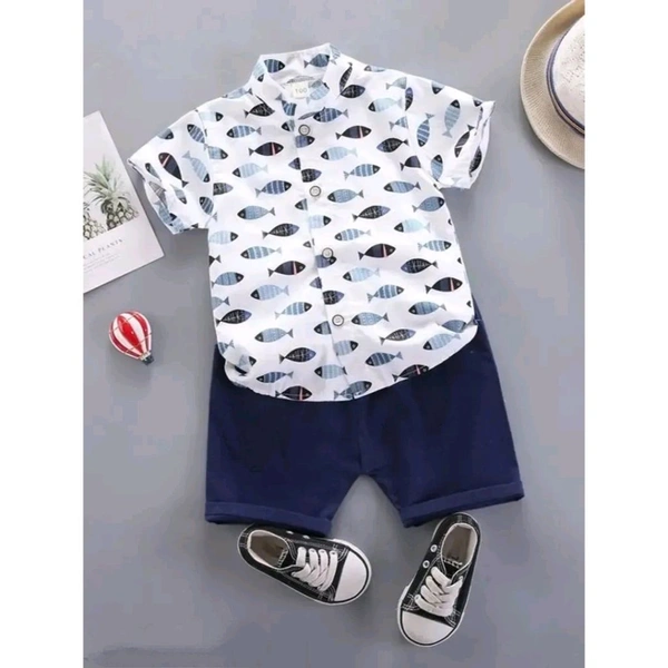 White Cotton Blend Shirt And Shorts Set - White, 9-12 Months