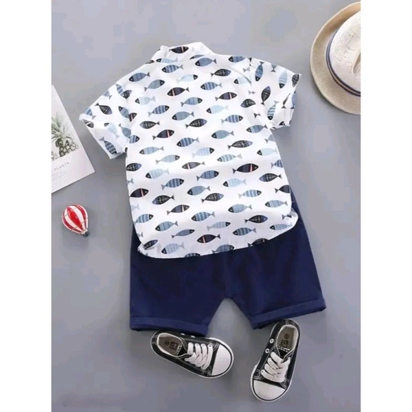 White Cotton Blend Shirt And Shorts Set - White, 9-12 Months