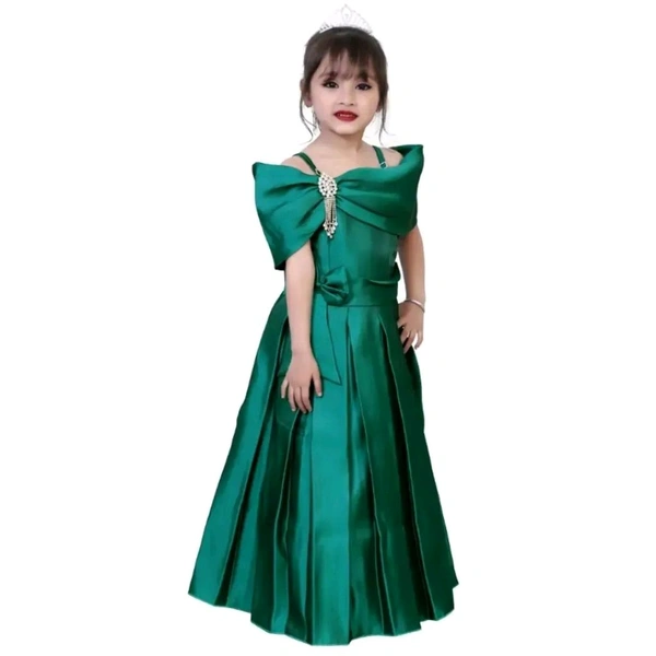 Green Solid Silk Blend Ethnic Gown - Green, 5-6 Year