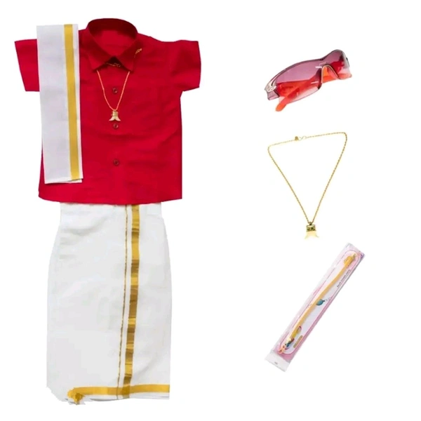 Boys South Style Traditional Chella Mappillai  Shirt Dhoti Mundu Set WITH ACCESSORIES - Red, 7-8 Year