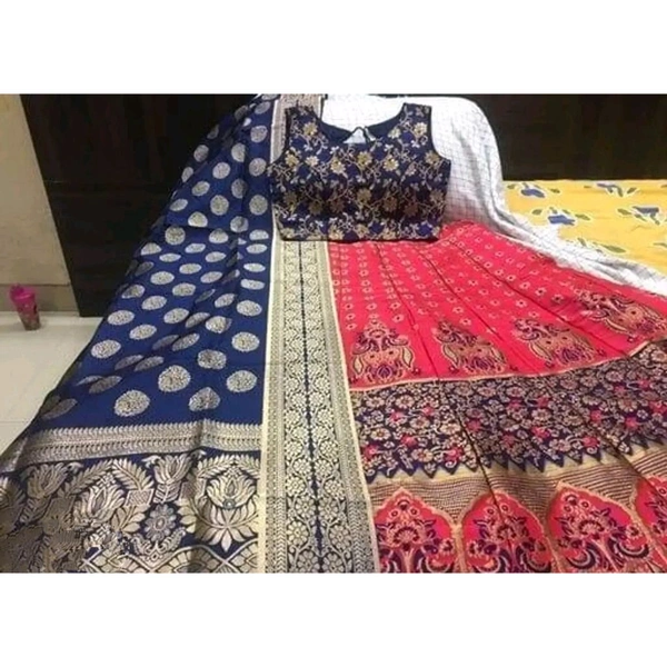 Elegant Pink Art Silk Semi-Stitched Lehenga Choli With Dupatta Set For Women - Pink, Free Size