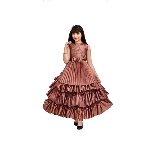 Stylish Silk Blend Brown Gown Style Long Dress For Girls - Brown, 6-7 Year