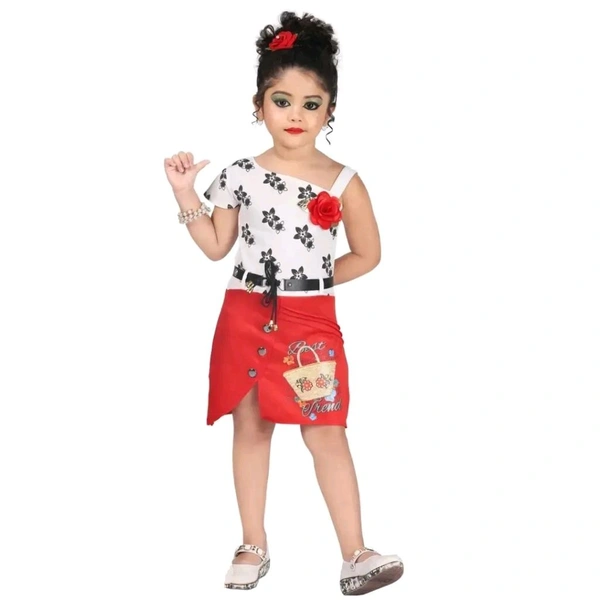 Elegant Red Georgette Self Pattern Dress For Girls - Red, 6-7 Year