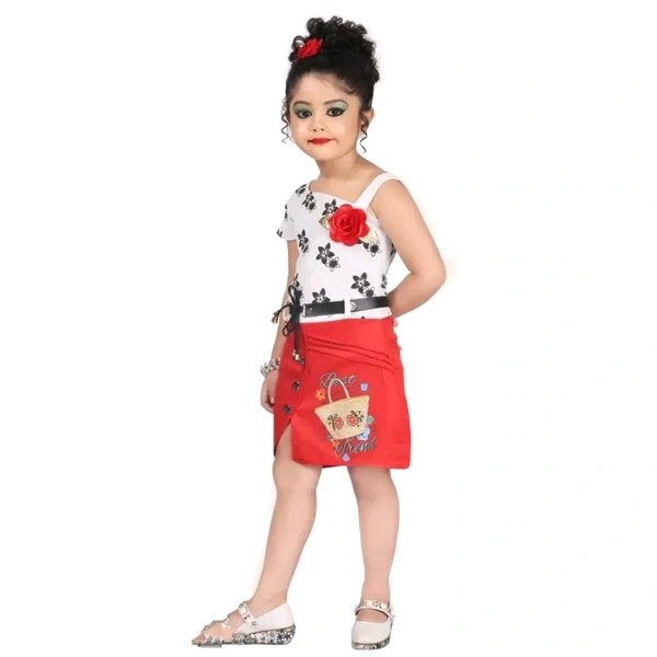 Elegant Red Georgette Self Pattern Dress For Girls - Red, 7-8 Year