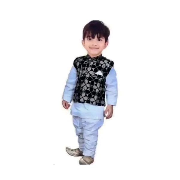 Stylish Blue Cotton Kurta Pejama Set With Jacket For Boys - Blue, 2-3 Year