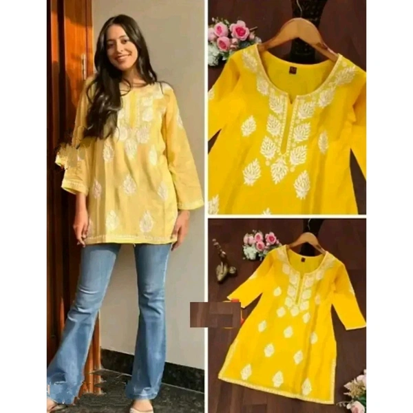Stylish Yellow Cotton Embroidered Short Kurti For Women - Yellow, XXL