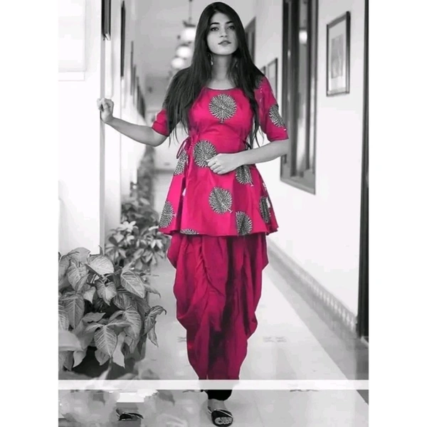 Women's Printed Rayon Kurta with Dhoti Pant Set - Magenta / Fuchsia, S