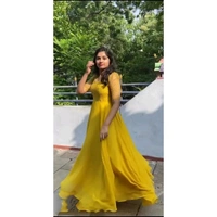 Designer Yellow Solid Georgette  Gown For Women - Yellow, S