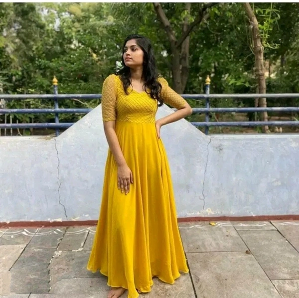 Designer Yellow Solid Georgette  Gown For Women - Yellow, L