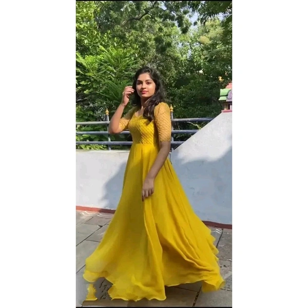 Designer Yellow Solid Georgette  Gown For Women - Yellow, XL