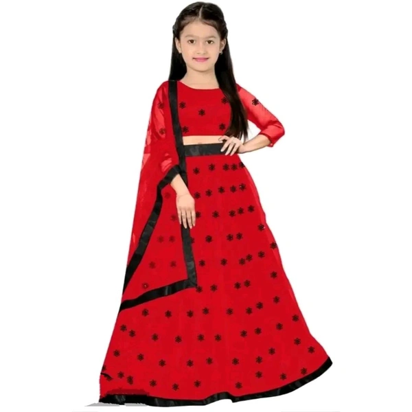 Harshiv Creation Red Net Embroidered Girls Party Wear Semi Stitched Lehenga Choli_(Suitable To 3-15 Years Girls) - Red, 3-4 Year