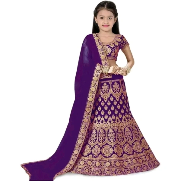 Embroidered Lehenga Choli and Dupatta Set for Girls - Purple, 11-12 Year