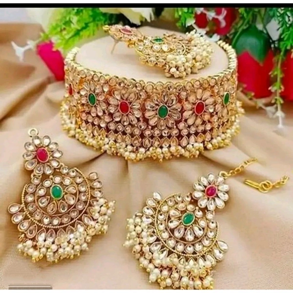 Traditional Golden Alloy Necklace Maangtika With Earrings Jewellery Set For Women - Gold