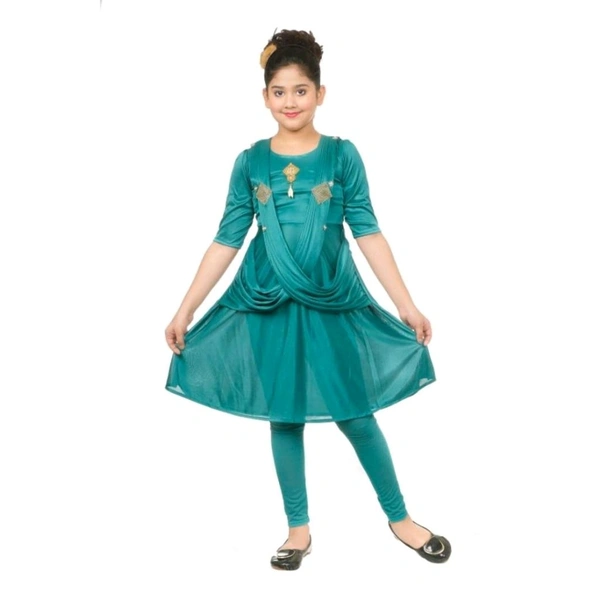 Latest Beautiful Crepe Frock with Leggings for Girls - Green, 8-9 Year