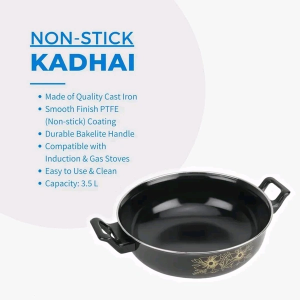 Kadhai with PTFE Non-Stick Coating - 27cm | 3.5 L - Crafted from Premium Cast Iron for Superior Quality and Non-Stick Performance