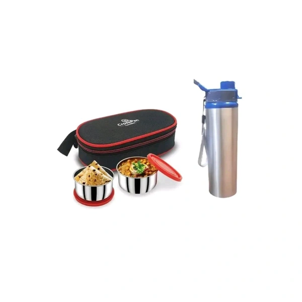 Stainless Steel Lunch Box 2 Containers Red Sleek Insulated Water Bottle 600M