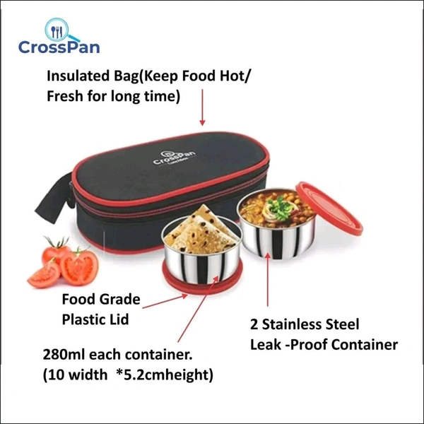 Stainless Steel Lunch Box 2 Containers Red Sleek Insulated Water Bottle 600M