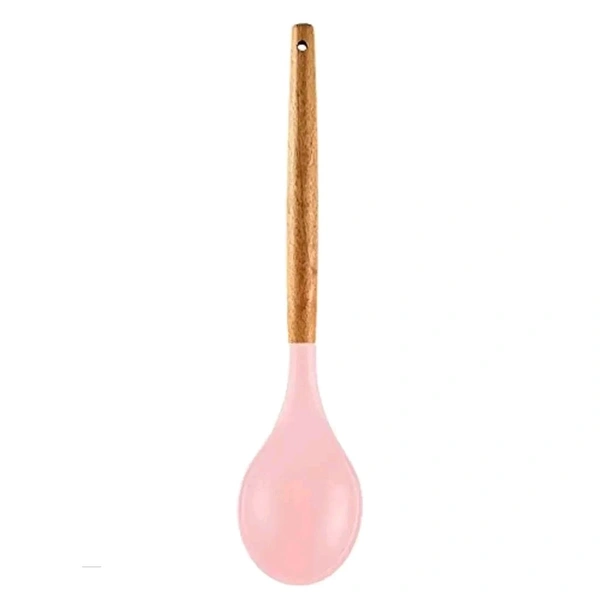 Spatlus Woodtula Silicone Ladle Spoon, Wooden Handle Seamless Nonstick Kitchen Soup Ladle, BPA-Free & Heat Resistant up to 445?F, Silicone Kitchen Cooking Utensils Baking Pink - 31.5*6.8*4 cm