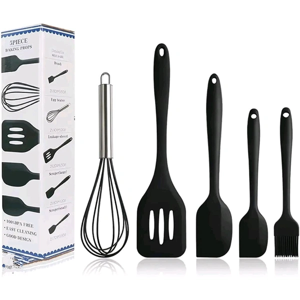 we3 Kitchen Utensil Set 5pcs Heat Resistant Silicone Cooking Nonstick Gadget Cookware with Hanging Hole for Cooking Baking and Mixing(Black)