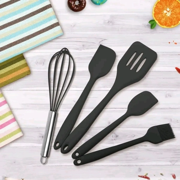 we3 Kitchen Utensil Set 5pcs Heat Resistant Silicone Cooking Nonstick Gadget Cookware with Hanging Hole for Cooking Baking and Mixing(Black)