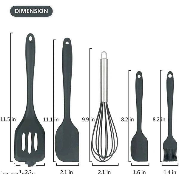 we3 Kitchen Utensil Set 5pcs Heat Resistant Silicone Cooking Nonstick Gadget Cookware with Hanging Hole for Cooking Baking and Mixing(Black)