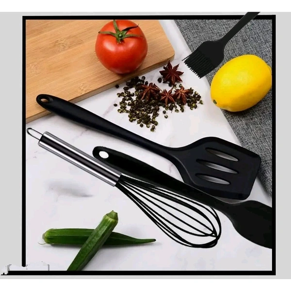 we3 Kitchen Utensil Set 5pcs Heat Resistant Silicone Cooking Nonstick Gadget Cookware with Hanging Hole for Cooking Baking and Mixing(Black)