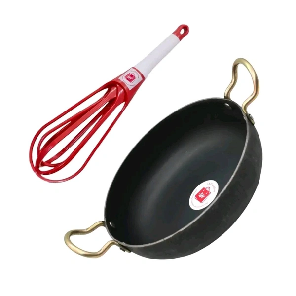 Traditional Iron Deep Bottom Kadai And Foldable Plastic Whisker Beater Hand Blender Mixer