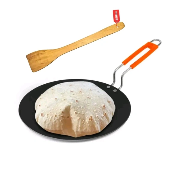 MY STORE 10-inch Iron Roti Tawa with FREE Wooden Spatula - Heavy Cast Iron, Gas Stove Ready Tawa | 25cm Roti Tawa 1L [Orange]