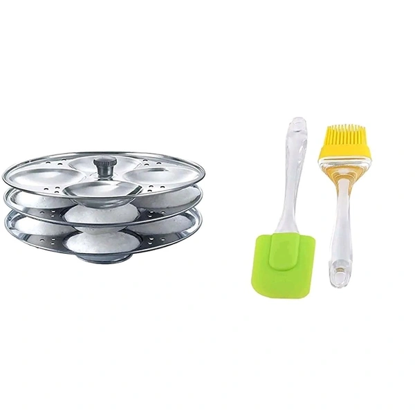 Premium Stainless Steel Idli Stand Idli Making Plates Idli Maker Pot 3 Plate, 12 Idli With Big Spatula And Oil Brush Set