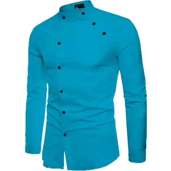 Men Regular Fit Solid Mandarin Collar Casual Shirt - XL, Blue