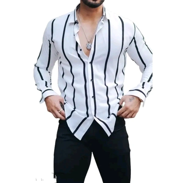 White Polyester Spandex Striped Casual Shirts For Men - White, S