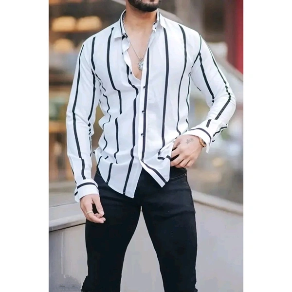 White Polyester Spandex Striped Casual Shirts For Men - White, S