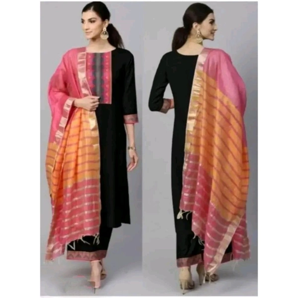 Stylish Cotton Slub Kurta, Bottom and Dupatta for Women - Black, L