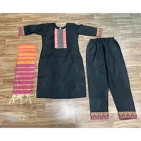 Stylish Cotton Slub Kurta, Bottom and Dupatta for Women - Black, XL