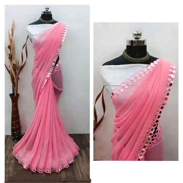 Georgette Mirror Work Saree With Blouse - Pink