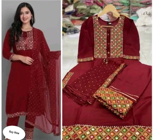 Women Embroidered Fashionable Mirror Work Kurta, Pant and Dupatta Set for Wedding, Party  Festivals - Red, L