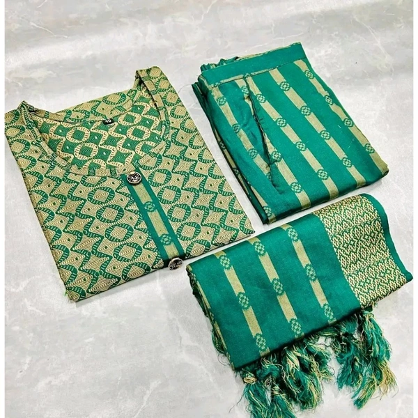 Stylish Green Khadi Cotton Printed Kurta With Pant And Dupatta Set For Women - Green, L