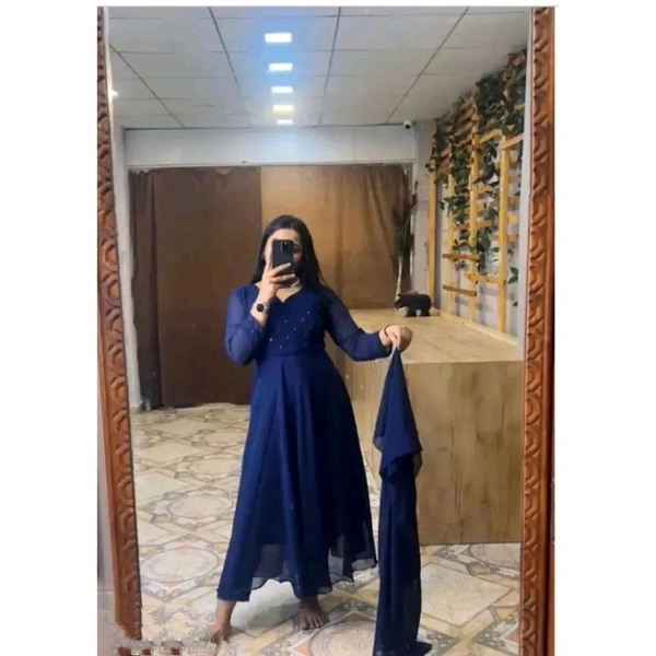 Fancy Georgette Kurta With Dupatta For Women - 2XL, Navy Blue