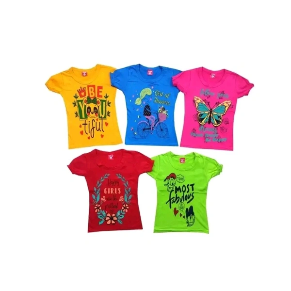 Girls Printed Pure Cotton T Shirt Multicolor  Pack Of 5 - Multicolored, 4-5 Year