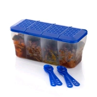 Multipurpose Plastic 4 In 1 Masala Box for Kitchen, Transparent Pickle Box, 4 Compartment Storage Container Airtight For Cereal, Dry Fruits Dabba With Spoon-Blue(1 Pcs)