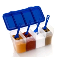 Multipurpose Plastic 4 In 1 Masala Box for Kitchen, Transparent Pickle Box, 4 Compartment Storage Container Airtight For Cereal, Dry Fruits Dabba With Spoon-Blue(1 Pcs)