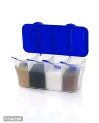 Multipurpose Plastic 4 In 1 Masala Box for Kitchen, Transparent Pickle Box, 4 Compartment Storage Container Airtight For Cereal, Dry Fruits Dabba With Spoon-Blue(1 Pcs)