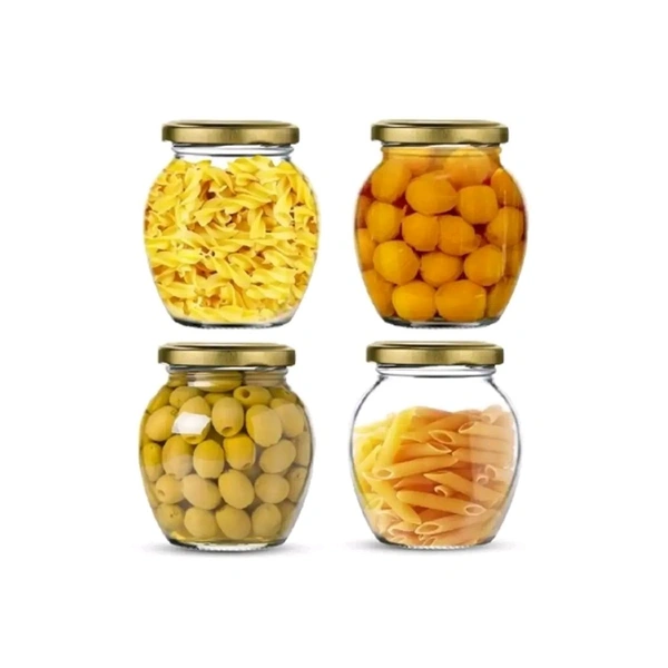 Prachi Creation Pack Of 4 Pot Matka Shape Glass Jar and Container with Metal Air Tight Lid for Pantry ,Honey Glass Jar,Spice Masla Jar, Grocery Jar, Grain Glass Jar ,for pickels,Transparent color