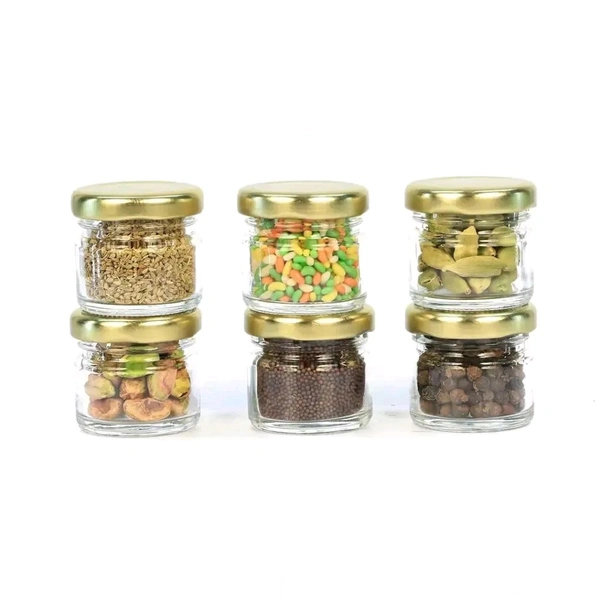 Very Small Glass Jar Coming with Metal Golden Color Air Tight and Rust Proof Cap Capacity 35 ml Pack of 6