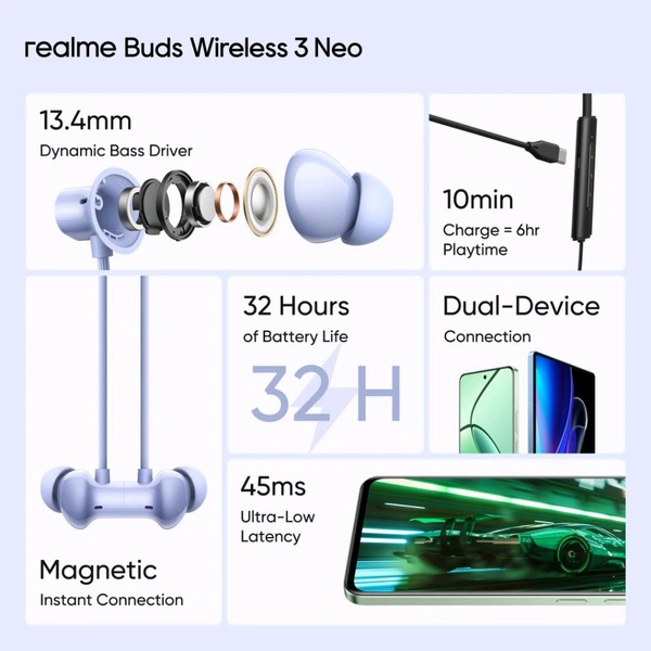 realme Buds Wireless 3 Neo with 13.4mm Driver, 32 hrs Playback, Dual Device Connection Bluetooth  (Blue, In the Ear) - Blue