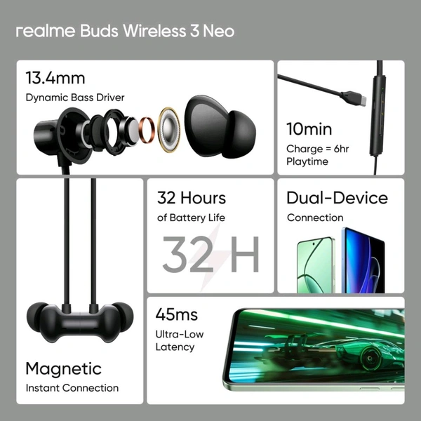 realme Buds Wireless 3 Neo with 13.4mm Driver, 32 hrs Playback, Dual Device Connection Bluetooth  (Blue, In the Ear) - Black