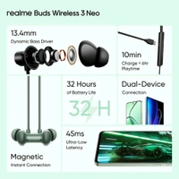realme Buds Wireless 3 Neo with 13.4mm Driver, 32 hrs Playback, Dual Device Connection Bluetooth  (Blue, In the Ear) - Green