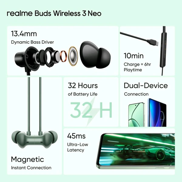 realme Buds Wireless 3 Neo with 13.4mm Driver, 32 hrs Playback, Dual Device Connection Bluetooth  (Blue, In the Ear) - Green